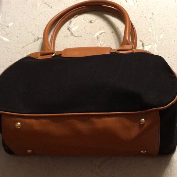 EUC,Iman trapezoid Black Denim Bag,Camel faux leather,Over arm handlesGoldzipper - Picture 3 of 16